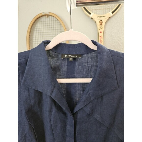 Lafayette 148 Navy Linen Pintuck Button Front Blouse Size 14 Unique - Picture 4 of 9